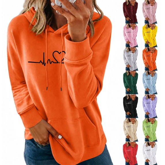 Women Heartbeat Print Fleece Lined Hoodie Drawstring Kangaroo Pocket Long Sleeve Loose Pullover Fashion Warm Casual Top for Autumn Winter
