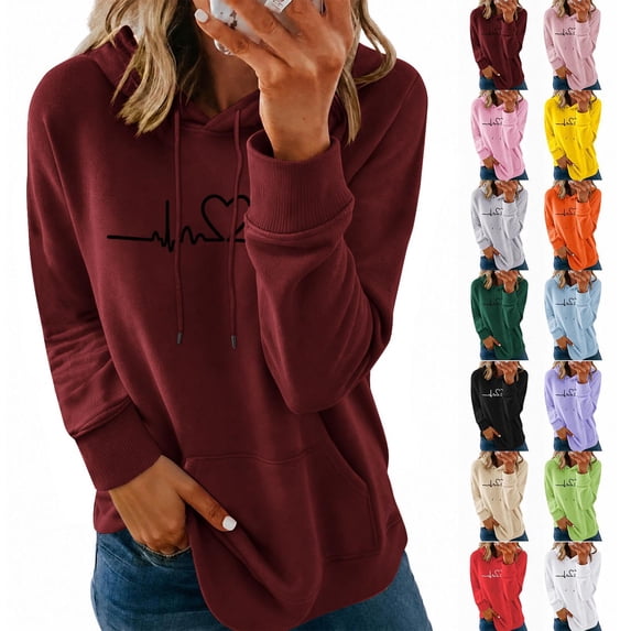 Women Heartbeat Print Fleece Lined Hoodie Drawstring Kangaroo Pocket Long Sleeve Loose Pullover Fashion Warm Casual Top for Autumn Winter