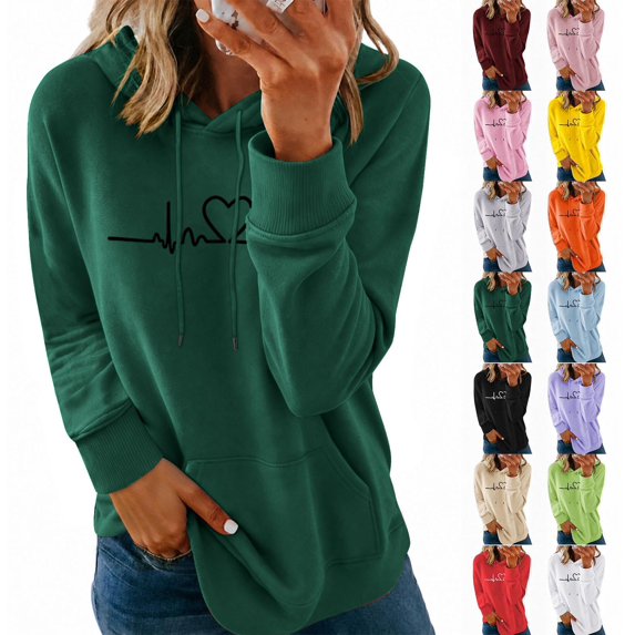 Women Heartbeat Print Fleece Lined Hoodie Drawstring Kangaroo Pocket Long Sleeve Loose Pullover Fashion Warm Casual Top for Autumn Winter