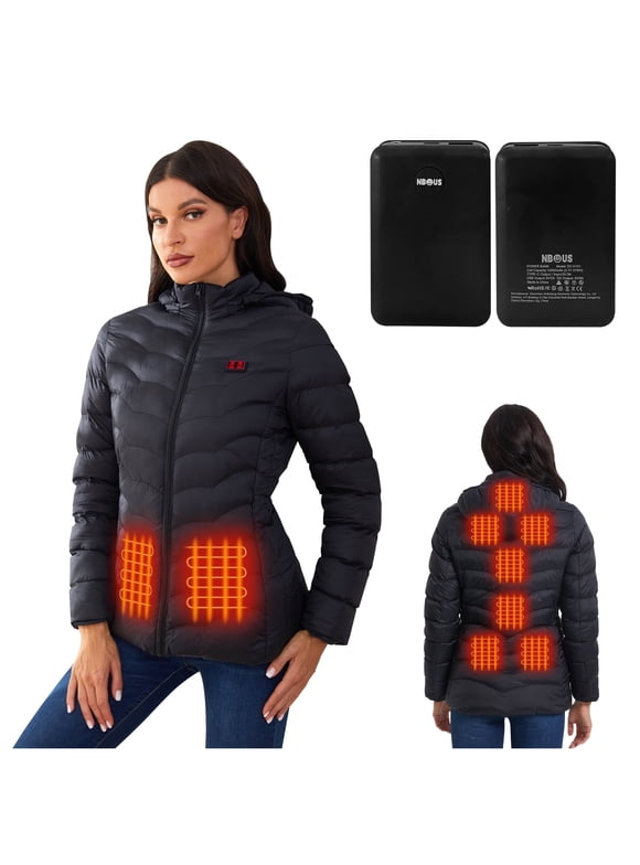 Women Heated Jacket with 2pcs 10000mAh Power Bank,9 Heat Zones for Heated Coat(M)