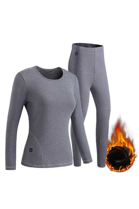 Women Heated Thermal Underwear Set Base Layer Long Sleeve Top Ultra Soft Long Johns Fleece Lined Thermals Leggings USB Charging Electric Body Warmer Heated Sleepwear Loungewear Gray XXXL