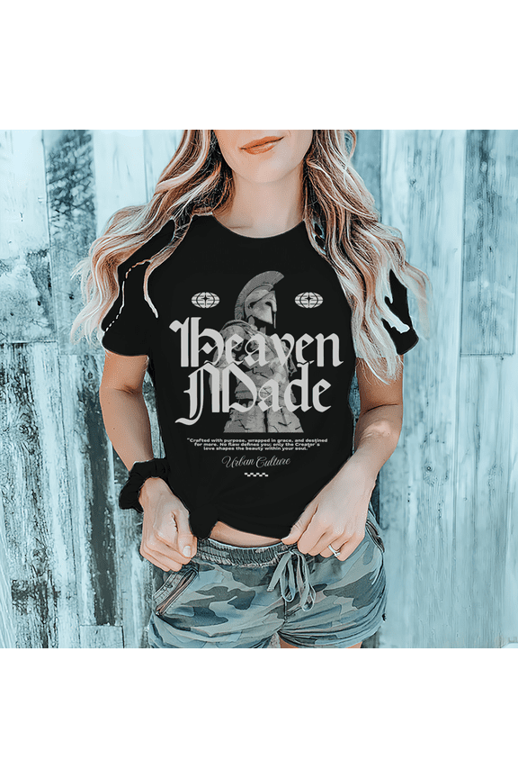 Women Heaven Made Black Faith Graphic Tee T Shirt Top Apparel Gentle Breathable Casual Short Sleeve Round Neck Black S-5XL