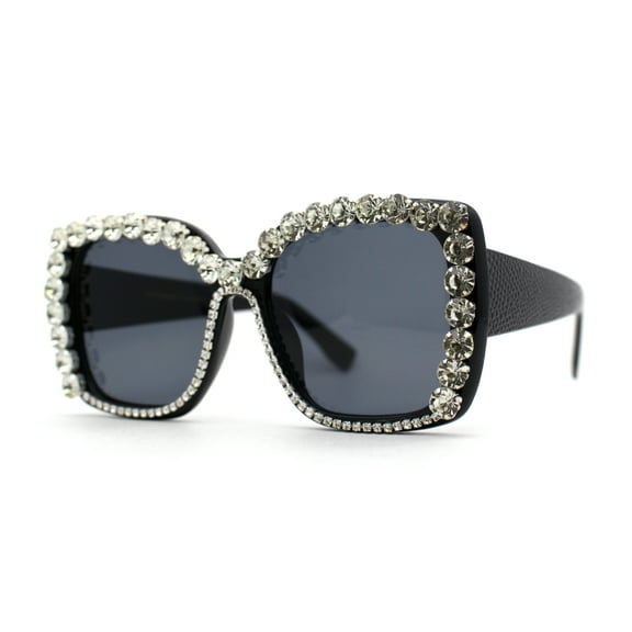 Women Heavy Large Rhinestone Rim Butterfly Sunglasses All Black