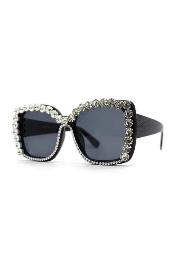 Women Heavy Large Rhinestone Rim Butterfly Sunglasses All Black