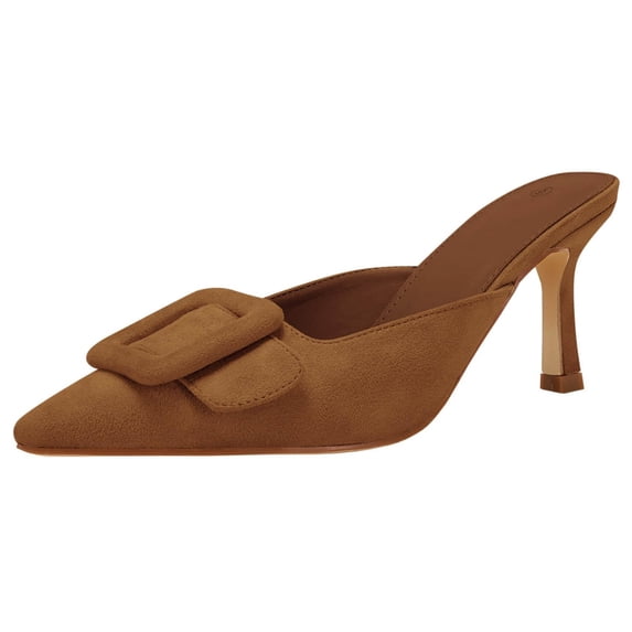 Women Heeled Mules Pointed Toe Suede Buckle Slip On Sandals Kitten Heels Party Wedding Shoes