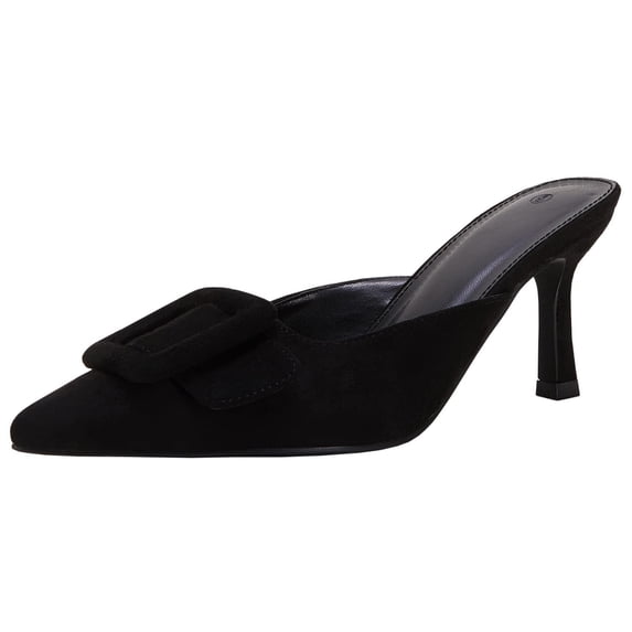 Women Heeled Mules Pointed Toe Suede Buckle Slip On Sandals Kitten Heels Party Wedding Shoes