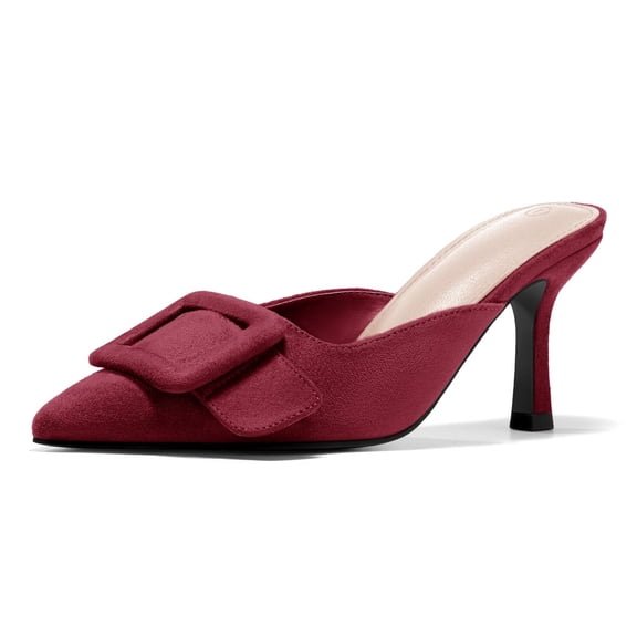 Women Heeled Mules Pointed Toe Suede Buckle Slip On Sandals Kitten Heels Party Wedding Shoes