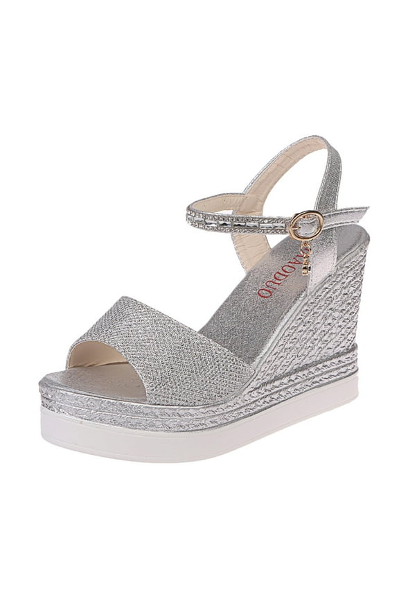 Women Heels Pumps Platform Wedge Sandals Shoes - Summer Glitter Two Straps Open Toe Ankle Buckle Shoes
