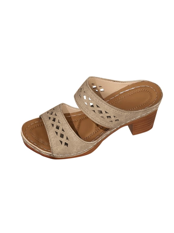 Women Heels Sandals Two Strap Summer Chunky Square Toe Comfort Strappy Dress Casual Pumps Mules Slip On Block Heels