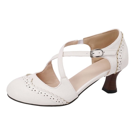 Women Heels Shoes Round Closed Toe Ankle Strap Dress Sandals Cutout Mid Block Heel