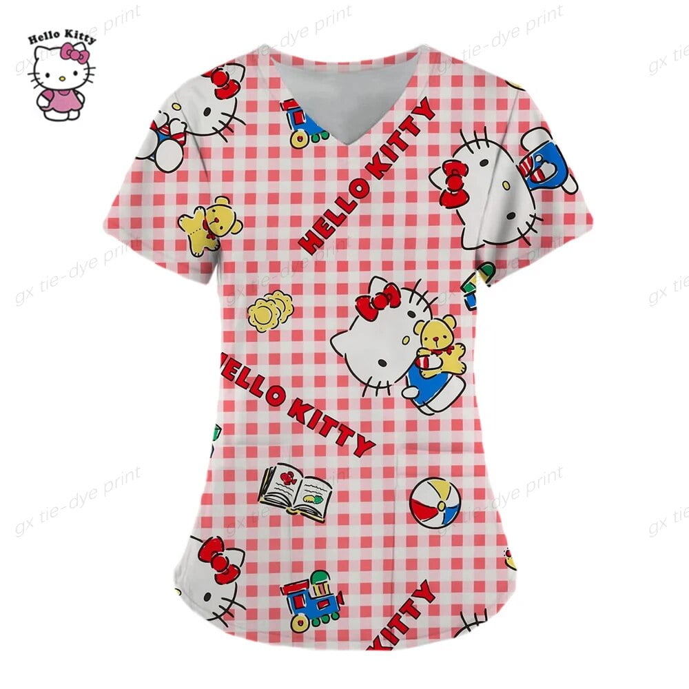 Women Hello Kitty Nursing Uniform Ladies Short Sleeve Vneck Care