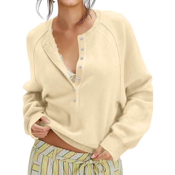Women Henley Neck Half Button Drop Shoulder Loose Long Sleeve Knit Pullover Sweater Color XL