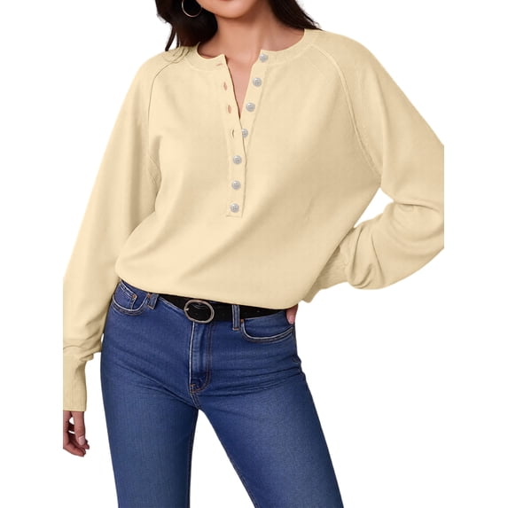 Women Henley Neck Half Button Drop Shoulder Loose Long Sleeve Knit Pullover Sweater Color XXL