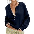thumbnail image 1 of Women Henley Neck Half Button Drop Shoulder Loose Long Sleeve Knit Pullover Sweater Dark Blue XXL, 1 of 9