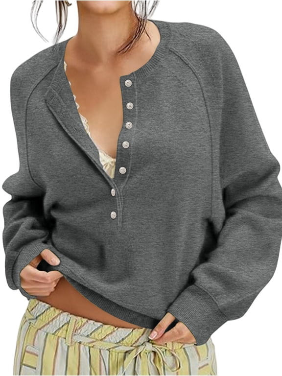 Women Henley Neck Half Button Drop Shoulder Loose Long Sleeve Knit Pullover Sweater Gray XS