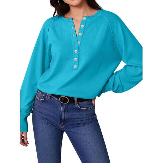 Women Henley Neck Half Button Drop Shoulder Loose Long Sleeve Knit Pullover Sweater M