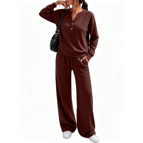 Women Henley Sweatshirt Wide Leg Pants 2 Piece Loungewear Tracksuit Soft Light Terry Knit Matching Outfit, M