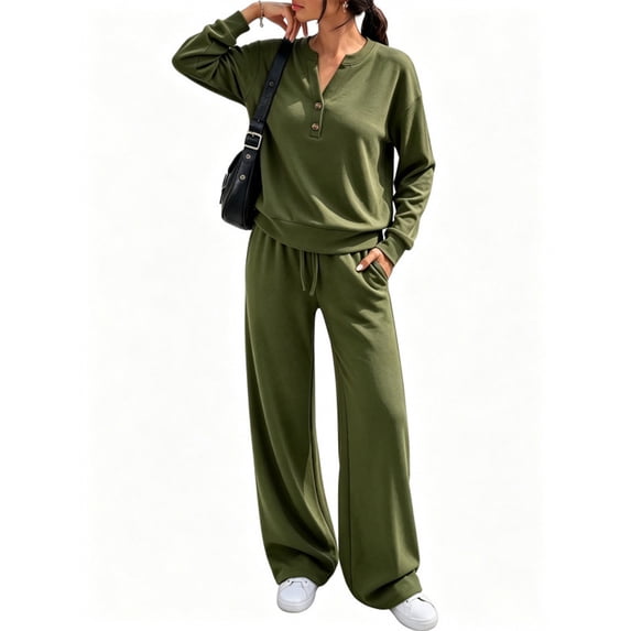 Womens Henley Sweatshirt Wide Leg Pants 2 Piece Matching Outfit Soft Light Terry Knit Sweatsuit, S
