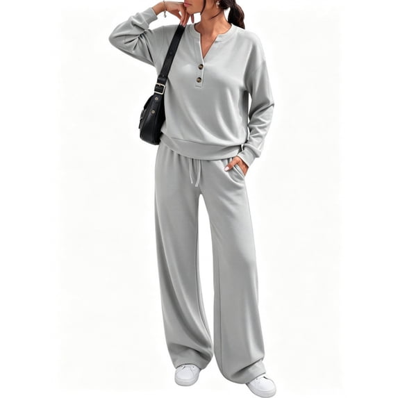 Women Henley Sweatshirt Wide Leg Pants 2 Piece Loungewear Tracksuit Soft Light Terry Knit Matching Outfit, XL