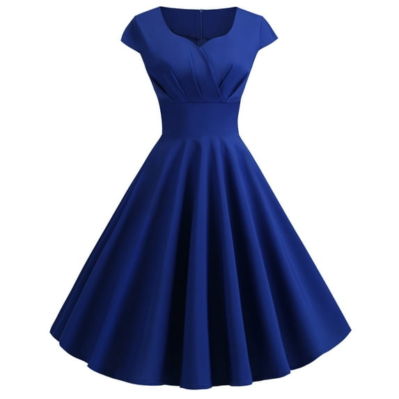 Women Hepburn Vintage 1950s Retro Style Swing Dresses V-neck Short Sleeve High Waist