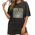 thumbnail image 1 of Women Here Comes The Sun Retro Floral Washed Graphic T-Shirt Comfortable Tops Round Neck Cotton T Shirt Black S-2XL Plus Size, 1 of 5