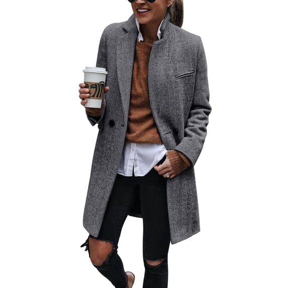 Women Herringbone Mid‑Length Wool Blend Coat Lapel Double Breasted Overcoat