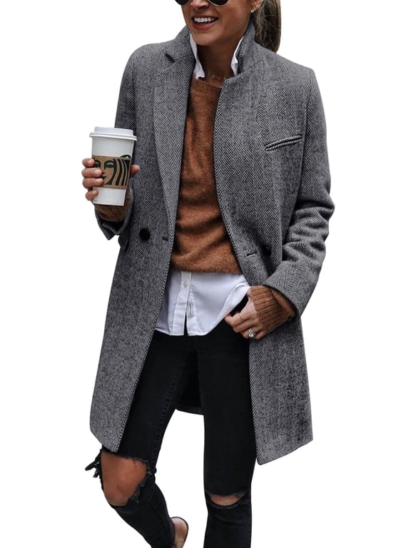 Women Herringbone Mid‑Length Wool Blend Coat Lapel Double Breasted Overcoat