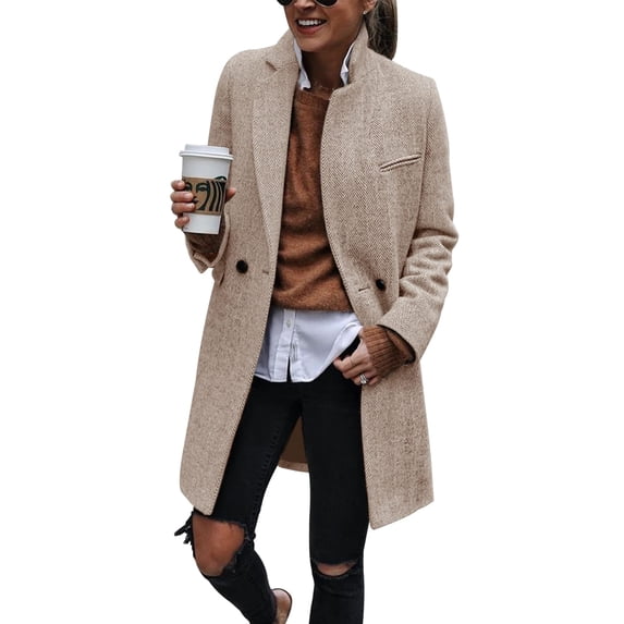Women Herringbone Mid‑Length Wool Blend Coat Lapel Double Breasted Overcoat