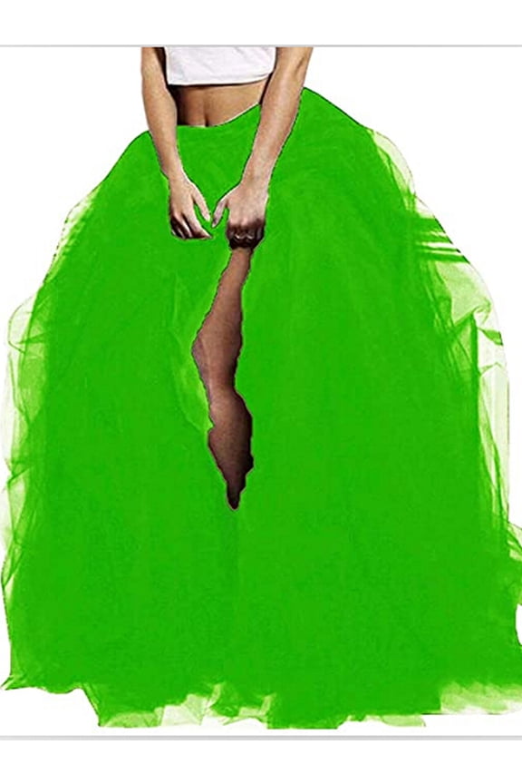 Women Hi Slit Tutu Maxi Dress Tulle Ruffle Mesh Lace Long Skirt Layered Evening Dress Wedding Night Party Skirt