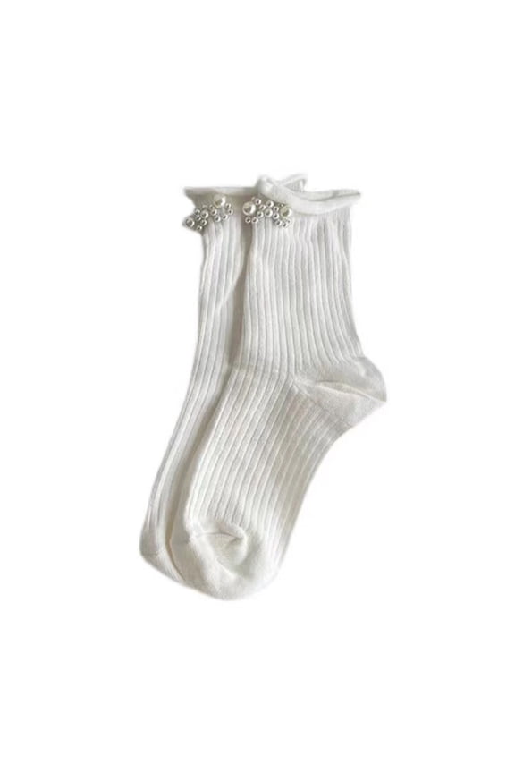Women High Ankle Socks Roll Cuffs Socks Middle Tube Socks Japanese Cute Pearls Boot Socks Streetwear Gift