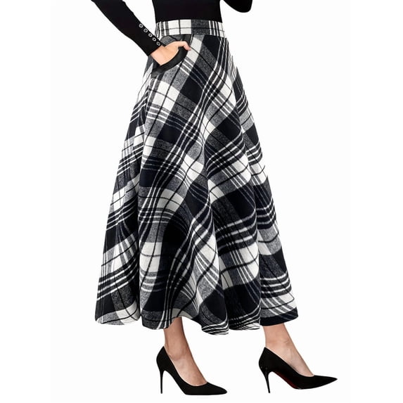 Women High Elastic Waist Maxi Skirt A-Line Plaid Flare Long Skirt Black & White M