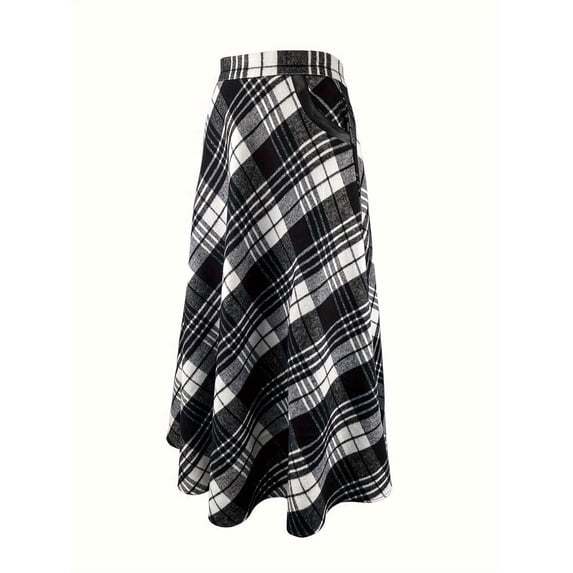 Women High Elastic Waist Maxi Skirt A-Line Plaid Flare Long Skirt Black & White XL