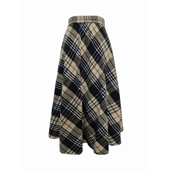 Women High Elastic Waist Maxi Skirt A-Line Plaid Flare Long Skirt Khaki S