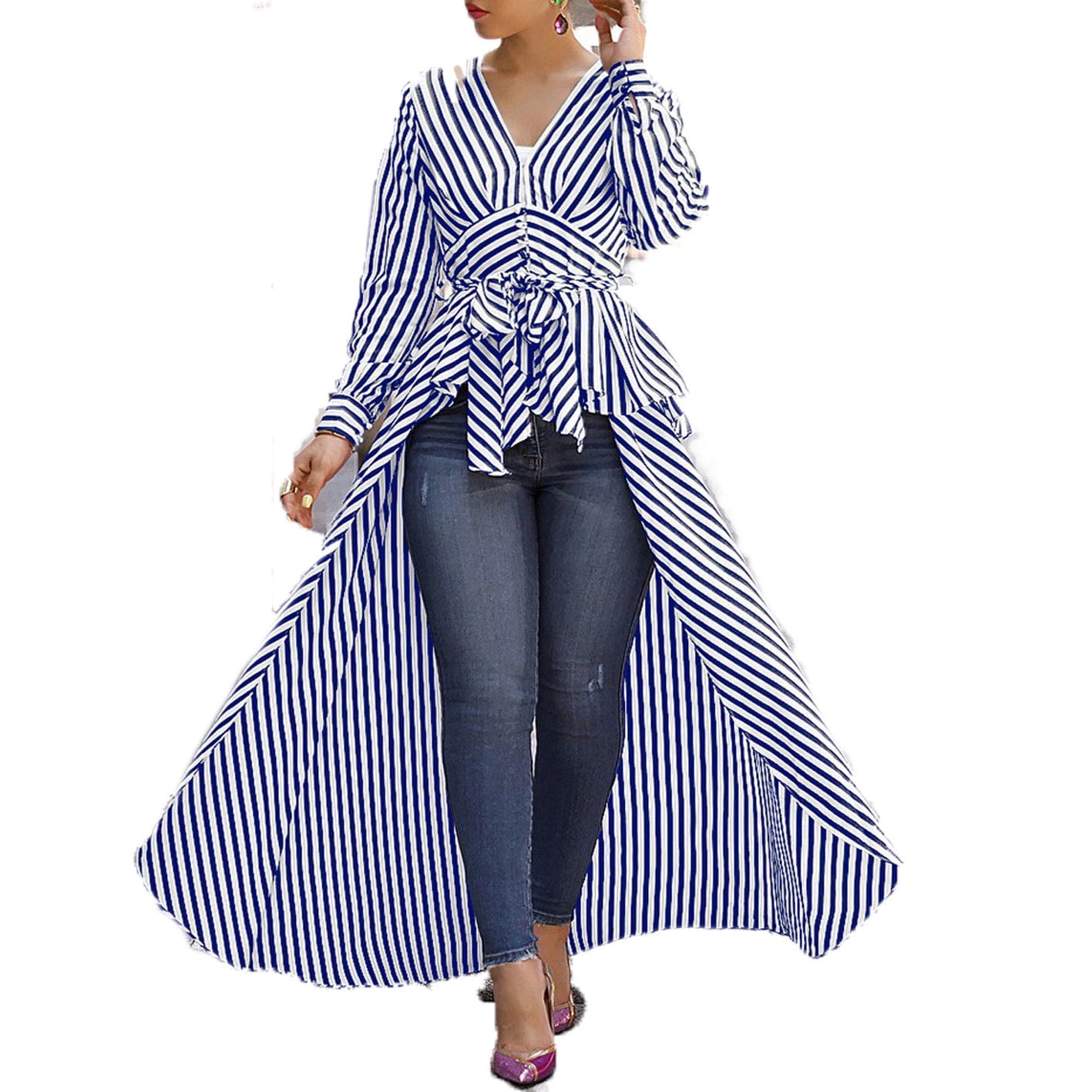Women High Low Asymmetrical Shirt Clothes Striped V-Neck Blouse Wide Hem  Long Sleeve Dress with Belt Casual Tops - Walmart.com