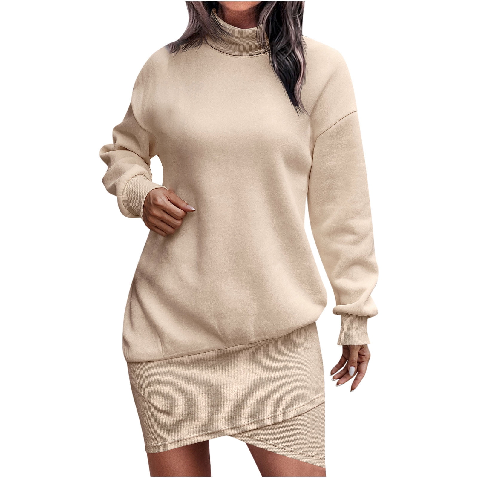Women High Neck Casual Sweater Sweatshirt Dress Long Sleeve Mock Neck  Stretch Wrap Hem Spring Winter Short Dress - Walmart.com