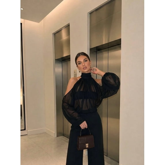 Women High Neck Cold Shoulder Sheer Long Sleeve Top Elegant Party Vacation Blouse