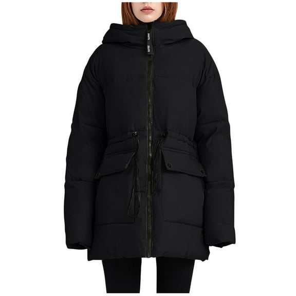 Women High Neck Down Jacket Tunic Long Parka Drawstring Quilted Puffer Coat Thicken Warm Outwear Button Outfits Solid Long Sleeve Outfits Casual Trendy Peacoat Fashion Clothing
