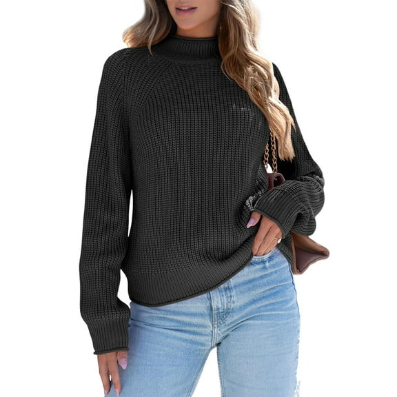 Women High Neck Oversized Sweaters Batwing Long Sleeve Pullover Loose Chunky Knit Jumper Black L