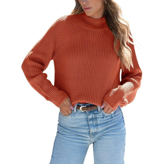Women High Neck Oversized Sweaters Batwing Long Sleeve Pullover Loose Chunky Knit Jumper Brick Red XL