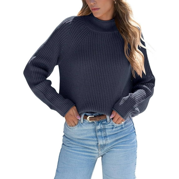 Women High Neck Oversized Sweaters Batwing Long Sleeve Pullover Loose Chunky Knit Jumper Navy Blue M
