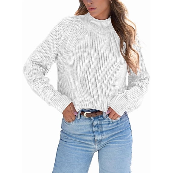 Women High Neck Oversized Sweaters Batwing Long Sleeve Pullover Loose Chunky Knit Jumper White L