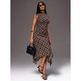 thumbnail image 1 of Women High Neck Sleeveless Plaid Midi Dress Ruched Waist Irregular Hem Dress Casual Commute Office Outfit, 1 of 5