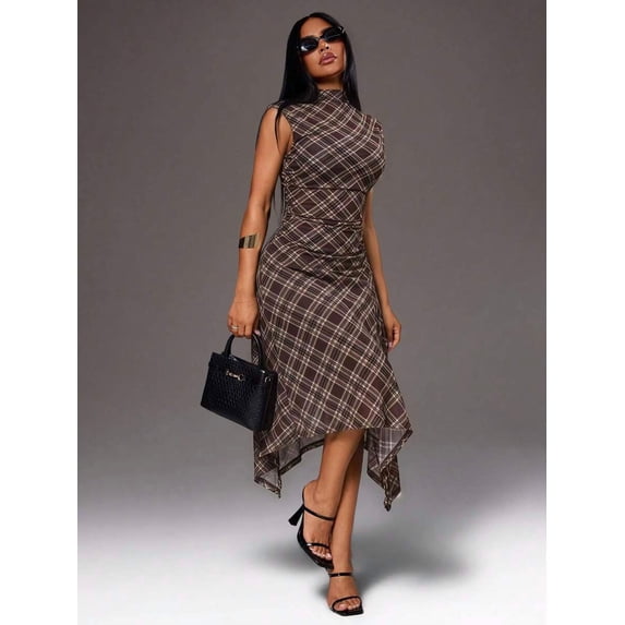 Women High Neck Sleeveless Plaid Midi Dress Ruched Waist Irregular Hem Dress Casual Commute Office Outfit