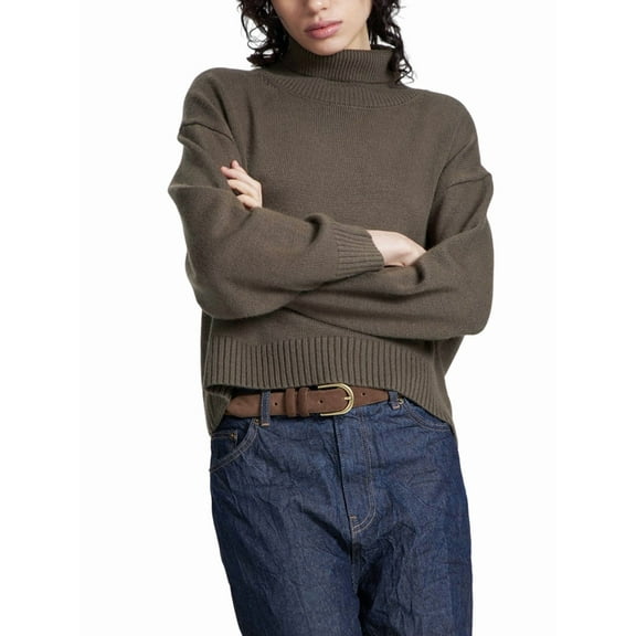 Women High Neck Sweater Chunky Long Sleeve Knitted High Low Hem Trendy Fall Winter Jumper Blouse Coffee M