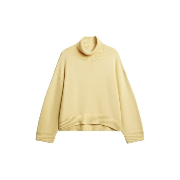 Women High Neck Sweater Chunky Long Sleeve Knitted High Low Hem Trendy Fall Winter Jumper Blouse Lemon Yellow M