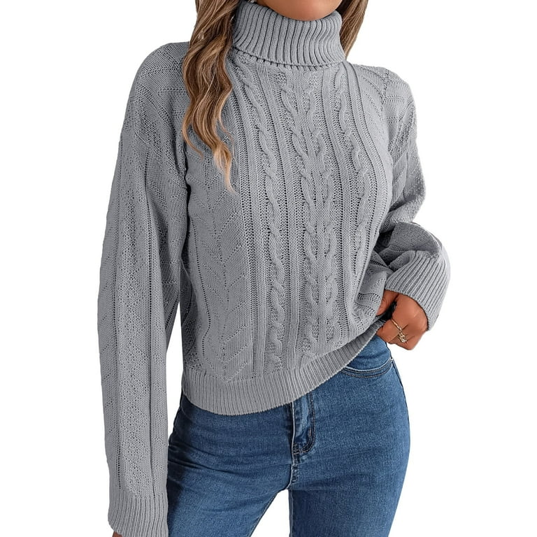 Women High Neck Sweater Solid Color Long Sleeve Sweaters Casual