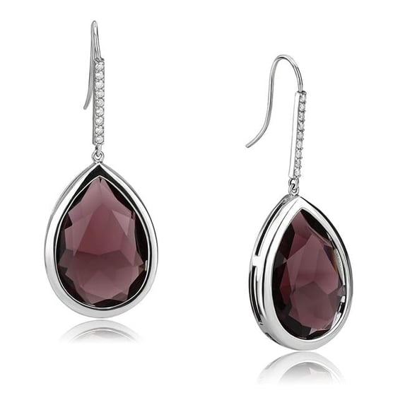 Women High Polished Stainless Steel Earrings with Top Grade Crystal in Amethyst