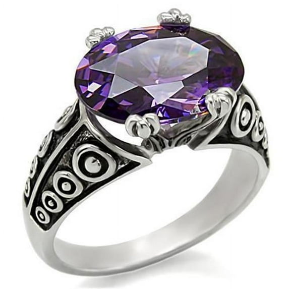 Women High Polished Stainless Steel Ring with AAA Grade CZ in Amethyst - Size 5
