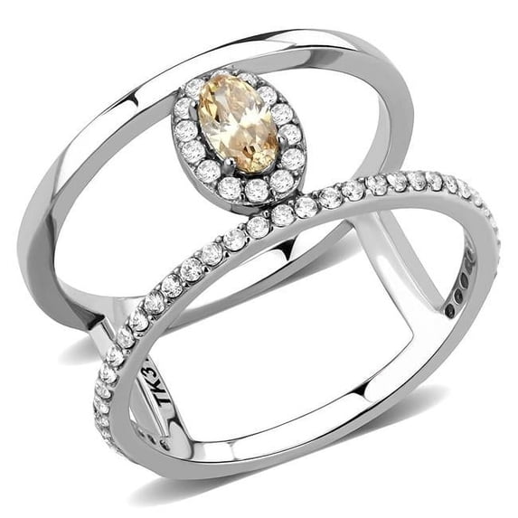 Women High Polished Stainless Steel Ring with AAA Grade CZ in Champagne - Size 6
