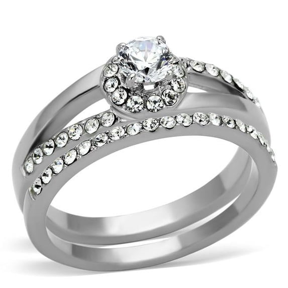 Women High Polished Stainless Steel Ring with AAA Grade CZ in Clear - Size 10
